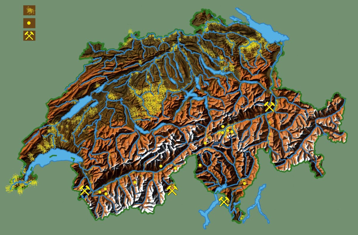 Karte der Goldvorkommen in der Schweiz